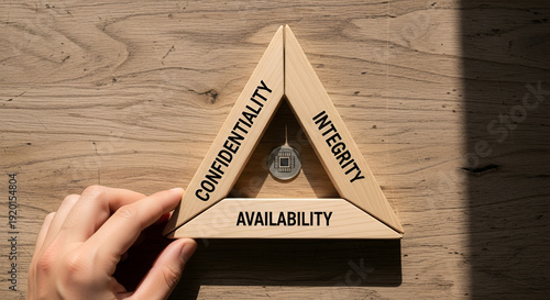 Hand completing the CIA triad concept with wooden blocks for confidentiality integrity and availability on a wooden surface