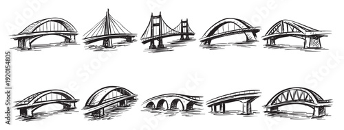 Collection of various bridge drawings in sketch style. Black lines on white background. Useful for architecture, travel, engineering, or infrastructure related design.