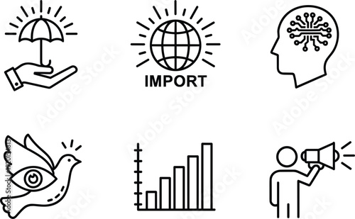 Business protection import analytics and communication concept line icon set vector illustration