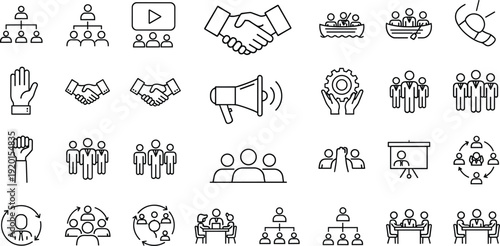 Business teamwork and partnership line icon set with handshake meeting leadership and collaboration symbols vector