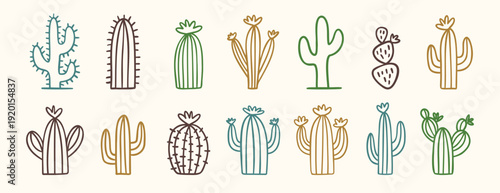 Collection of doodle wild west cactus icons in minimal desert style, hand drawn cacti