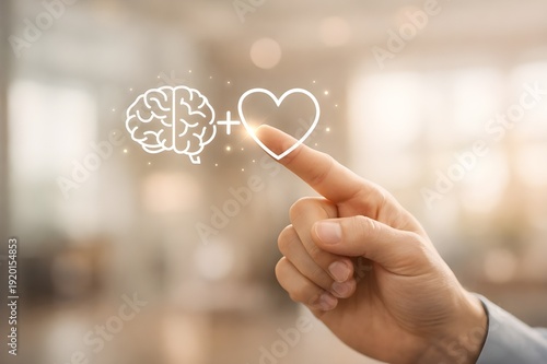 Person touching brain and heart icons for emotional intelligence and logic balance