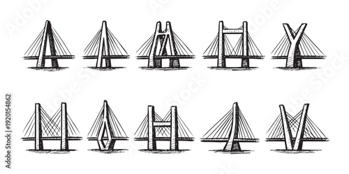Hand-drawn sketches of cable-stayed bridges in varied designs. Ideal for architecture, engineering, construction, or transportation related themes. Can be used for infographics or design elements.