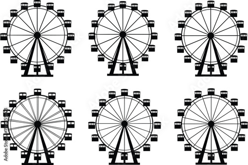 Ferris wheel silhouette vector illustration set, amusement park carnival ride black outline collection design