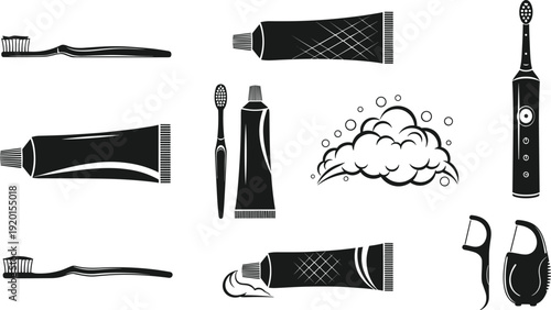 Black and White Dental Care Silhouette Set Featuring Toothbrushes Toothpaste Tubes Electric Toothbrush Floss Picks and Foam Bubbles for Oral Hygiene and Bathroom Graphics