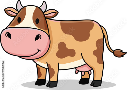 Cute cartoon cow character standing isolated farm animal flat vector illustration for children