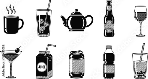 Black and White Beverage Silhouette Set Featuring Coffee Mugs Teapots Wine Glasses Cocktails Soda Cans Juice Boxes and Water Bottles for Restaurant Menu Graphic Design