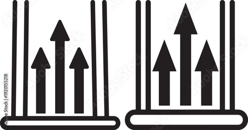 Black and white icons showing rising arrows within vertical structures, symbolizing growth, progress, and upward trends in business or analytics.