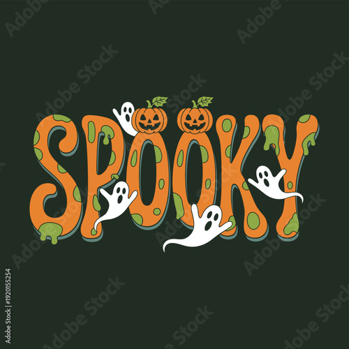Retro groovy spooky Halloween word art with playful ghosts and pumpkins illustration
