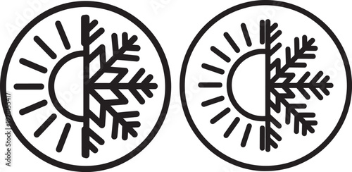 Icons representing opposite weather conditions: sun for heat and snowflake for cold, indicating temperature, climate, or HVAC. Vector graphic.