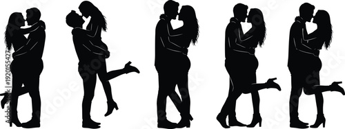 Romantic couple silhouette vector set, man and woman hugging and kissing isolated black love illustration collection