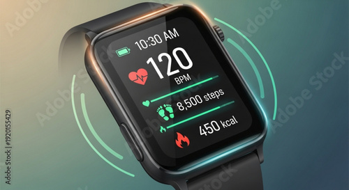 Smartwatch displaying fitness metrics on gradient background with heart rate steps and calories burned
