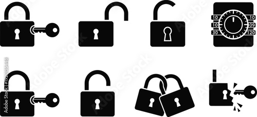 Black Security Lock Silhouette Set Featuring Padlocks with Keys Open and Closed Locks Combination Safe Dial and Broken Lock for Privacy and Safety Icons