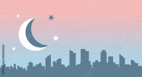 Moonlit cityscape with crescent moon and stars at dusk or dawn urban skyline silhouette