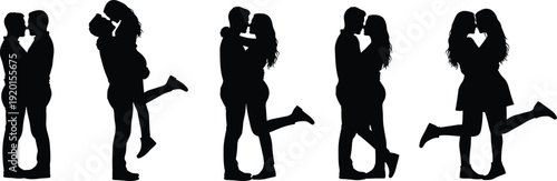 Romantic couple silhouettes vector illustration set, loving man and woman hugging and kissing black isolated collection