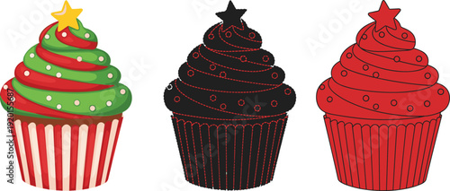 Collection of Christmas Cupcake Vector Illustrations Featuring Red and Green Swirled Frosting with Star Toppers for Holiday Bakery Labels and Festive Dessert Graphic Design
