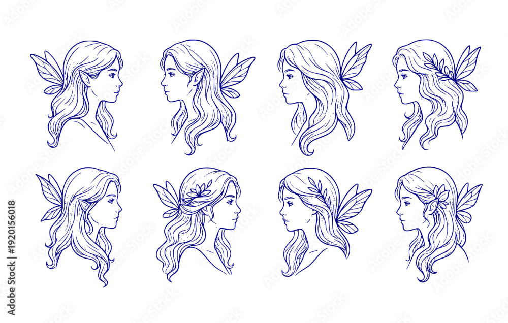 Fototapeta premium Halftone Portrait Fairy Girl Long Hair Profile Outline Set 8 Sketch Line Art Side View-Ethereal Flowing Minimalist Vector Set