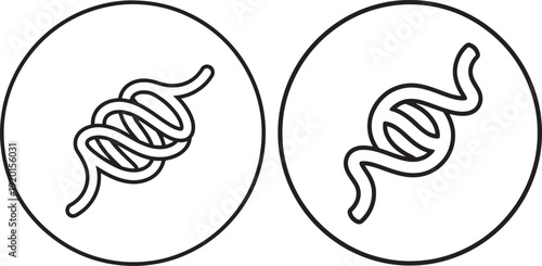 Double helix DNA strands inside circles, symbolizing genetics, science, biology, research, and molecular structure. Clean vector icons.