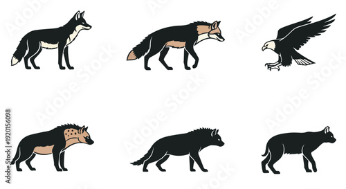 Silhouettes of carnivorous animals, including a wolf, two foxes, two bears, and an eagle, against a clean white background.