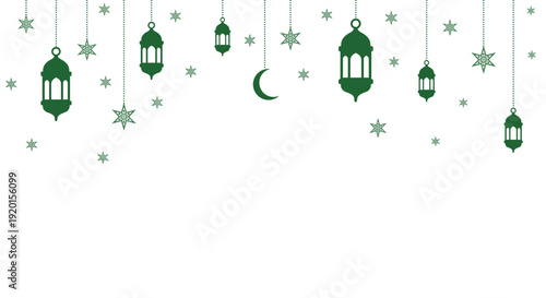 Islamic motif featuring green hanging lanterns and stars on white. Symbolic color palette for Muslim holidays like Ramadan, Eid, and Mawlid celebrations.