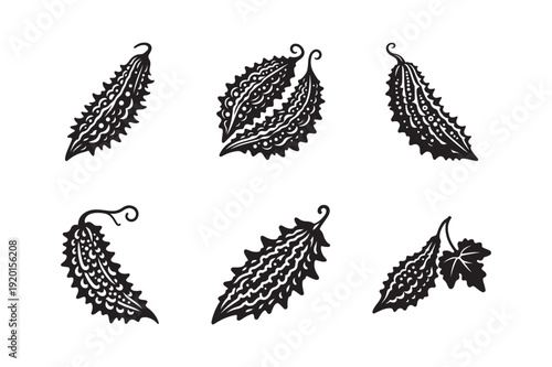 Six Black Silhouettes Of Bitter Melons vegetable food