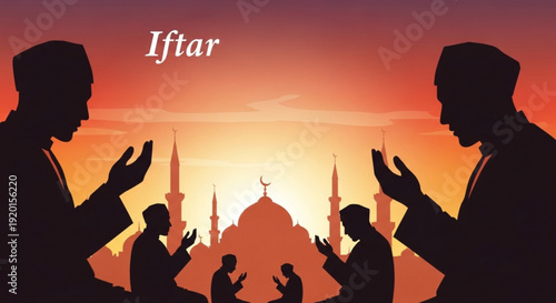 Muslims praying at sunset during ramadan iftar with mosque silhouette