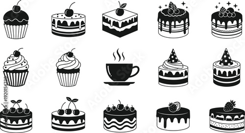 Large collection of black silhouette cake and cupcake vector icons featuring cherry toppings, birthday treats, coffee break cafe elements, and delicious tiered pastry illustrations.