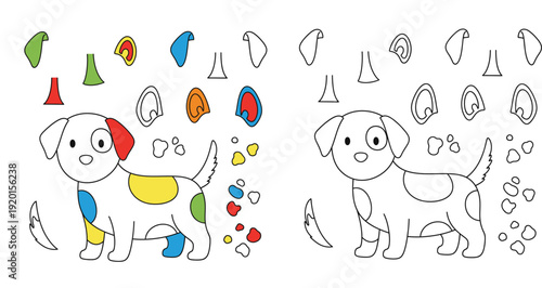Create your own cute dog character kit with coloring page and separate body parts for paper craft, cut and glue activity, printable educational game for kids vector illustration.