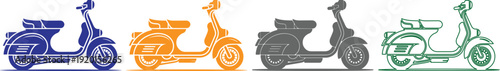 Collection of various colored scooter illustrations isolated on transparent background for design versatility