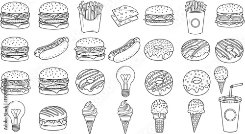 Fast food line icon set with burger fries pizza donut ice cream and drink vector