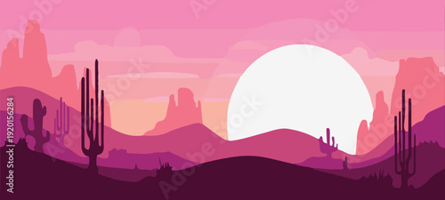 Desert landscape with full moon rising over silhouetted cacti and rock formations at dusk, purple pink gradient sky