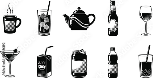 Monochrome vector beverage drink icon set with halftone shading featuring coffee, iced tea, teapot, beer bottle, wine glass, cocktail, juice box, soda can, and boba.