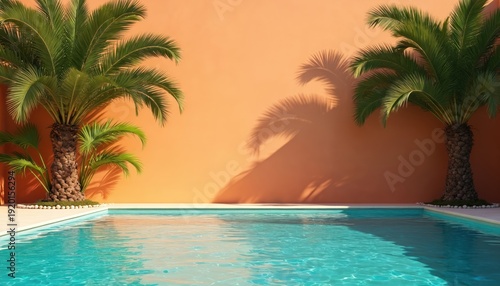 Clear blue pool water reflects palm tree shadows on a terracotta wall. Empty poolside setting offers serene summer vacation vibes. Peaceful tropical background with bright sunlight.