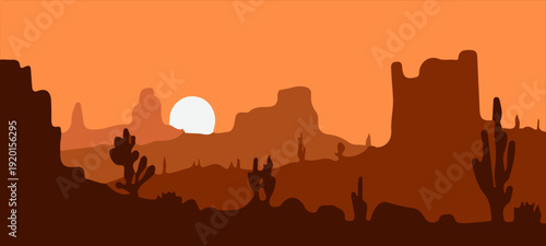 Desert landscape at sunset with full moon rising over cacti and ancient ruins in warm orange glow
