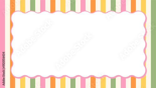 ストライプの背景と波打つフレーム　カラフル　レトロカラー