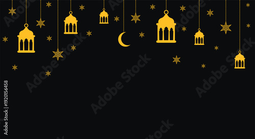 Luxury Islamic celebration banner with golden lanterns and stars on a black background. Sophisticated design for Ramadan Kareem or Eid festivals.