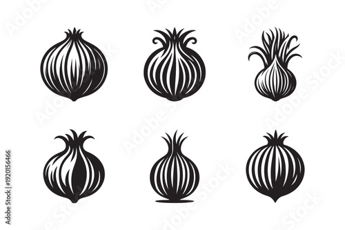 Six Black Silhouettes Of Onions vegetable food