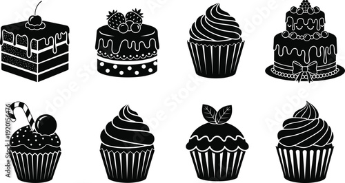 Set of black silhouette cake and cupcake vector icons featuring cherry toppings, birthday desserts, bakery sweets, tiered wedding cakes, and delicious pastry food illustrations.