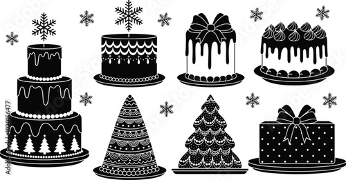 Set of black silhouette Christmas cake vector icons featuring tiered holiday desserts with snowflake toppers, pine tree patterns, gift box shapes, and winter celebration decorations.