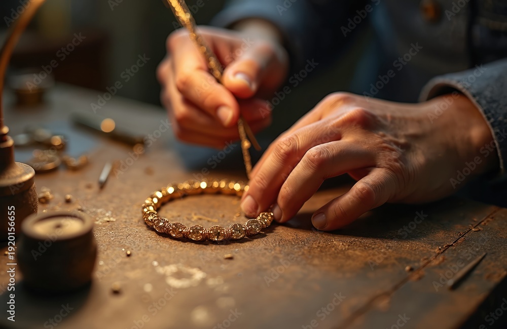 Obraz premium Jeweler hands work on gold bracelet. Artisan fixes luxury accessory in workshop. Craftsmanship, detail and skill evident in precious metal jewelry creation. Master creates fine jewelry.