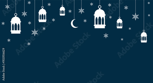Navy blue Islamic header with white decorative lanterns and moon. Clean night sky aesthetic for Ramadan, Eid Al-Adha, and religious invitations.