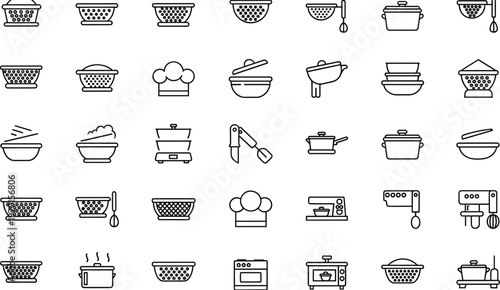 Kitchen cookware and utensils line icon set with pots pans bowls appliances and cooking tools vector