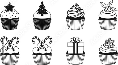 Set of Christmas cupcake vector icons featuring festive holiday toppings like stars, pine trees, holly berries, candy canes, gift boxes, and winter snowflake decorations.