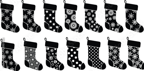 Set of Christmas stocking silhouette vector icons featuring various festive patterns like snowflakes, stars, polka dots, and winter designs for holiday greeting card decorations.