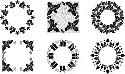 Set of Christmas wreath and frame silhouettes featuring holly leaves, berries, stars, gift boxes, snowflakes, and pine tree patterns for festive holiday border designs.