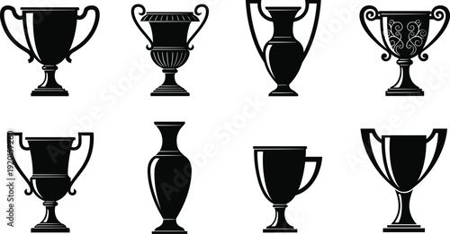 Vintage trophy cup silhouette collection classic award and prize vector illustration set