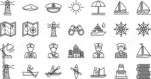 Marine nautical line icon set with lighthouse sailor ship anchor and sea navigation symbols vector
