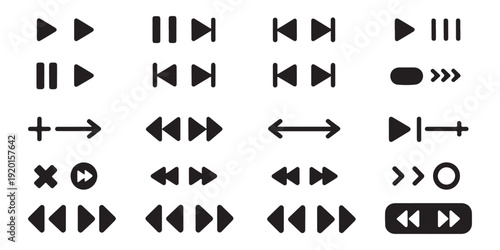 Collection of modern flat design media player interface icons for digital applications and websites
