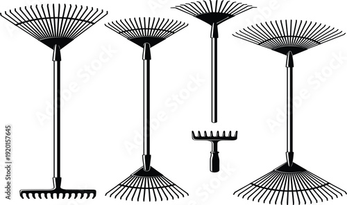 Set of black silhouette garden rake icons in various designs including fan leaf rake, thatch rake, bow rake, and hand rake styles, perfect for vector illustrations