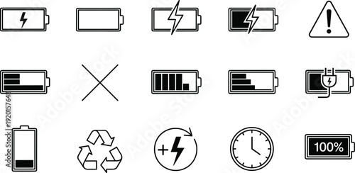 Battery charging and power outline icon set energy level electricity vector illustration collection
